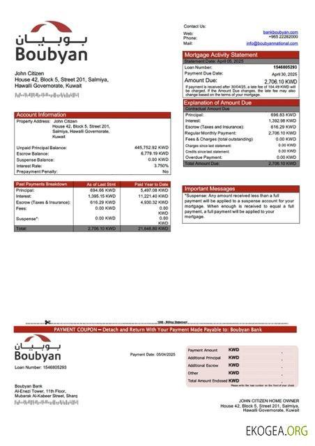 Modèle Word et PDF de relevé hypothécaire de la Banque Boubyan du Koweït